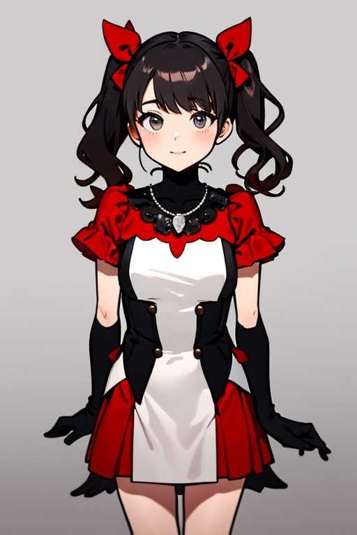The girl is wearing a black and red costume and a red necklace. She is a little girl doing sign language with her both han...