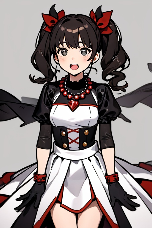 The girl has an open mouth. She is a girl wearing a black and red costume and a red necklace. She is a little girl doing s...