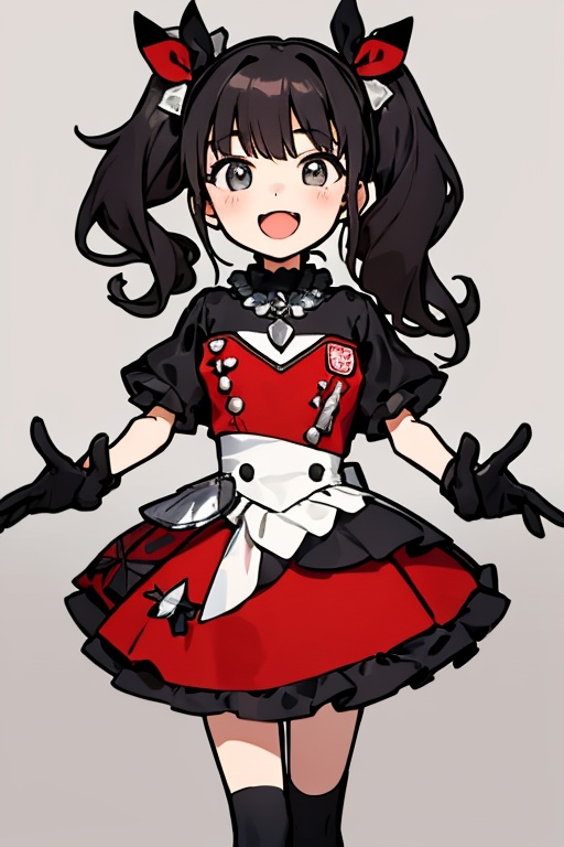 The girl has an open mouth. ,  ,  She is a girl wearing a black and red costume and a red necklace. She is a little girl d...