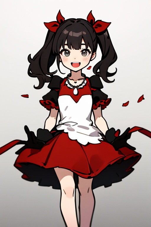 The girl has an open mouth. She is a girl wearing a black and red costume and a red necklace. She is a little girl doing s...
