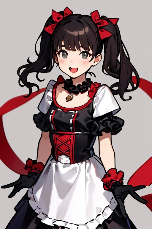 The girl has an open mouth. ,  ,  She is a girl wearing a black and red costume and a red necklace. She is a little girl d...