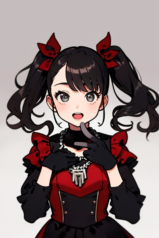 The girl has an open mouth. ,  ,  She is a girl wearing a black and red costume and a red necklace. She is a little girl d...