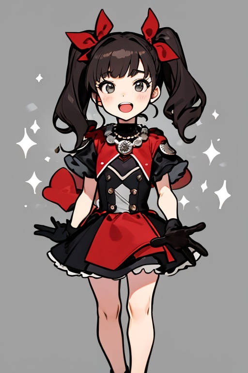 The girl has an open mouth. She is a girl wearing a black and red costume and a red necklace. She is a little girl doing s...