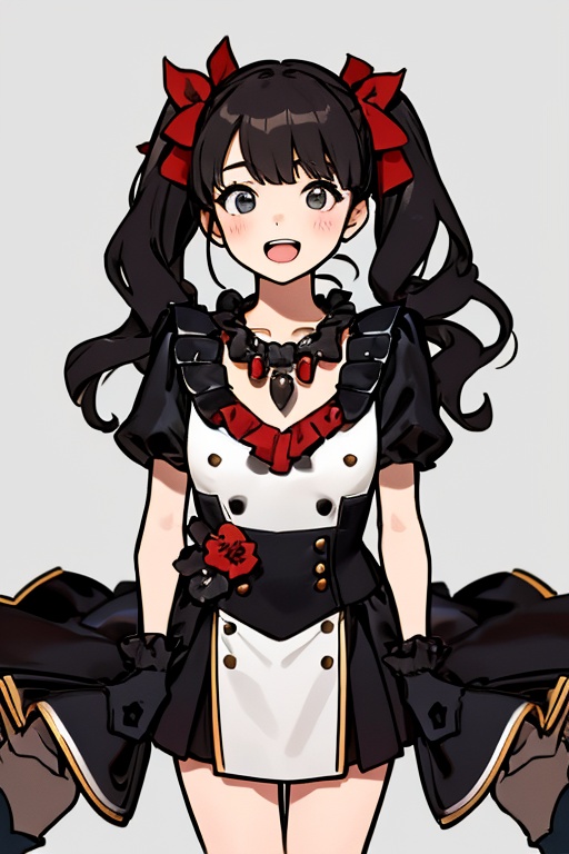 The girl has an open mouth. She is a girl wearing a black and red costume and a red necklace. She is a little girl doing s...
