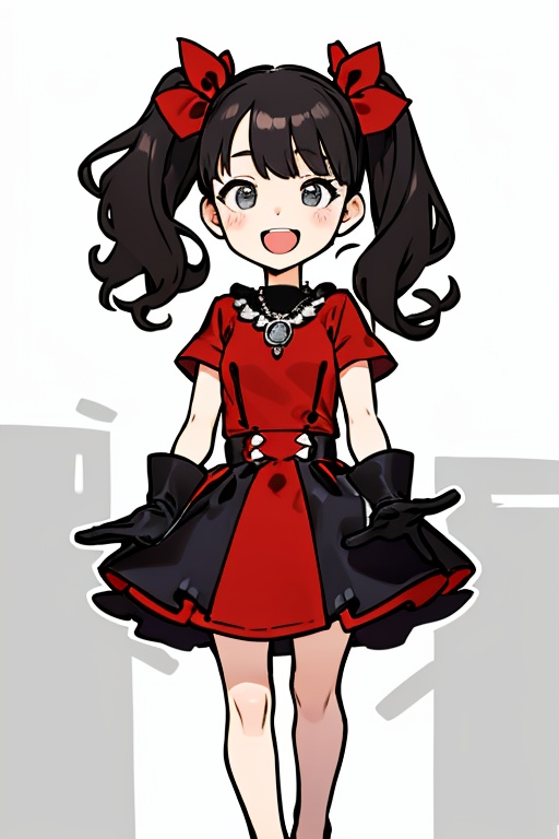 The girl has an open mouth. She is a girl wearing a black and red costume and a red necklace. She is a little girl doing s...
