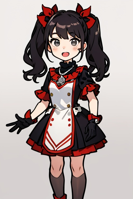 The girl has an open mouth. She is a girl wearing a black and red costume and a red necklace. She is a little girl doing s...