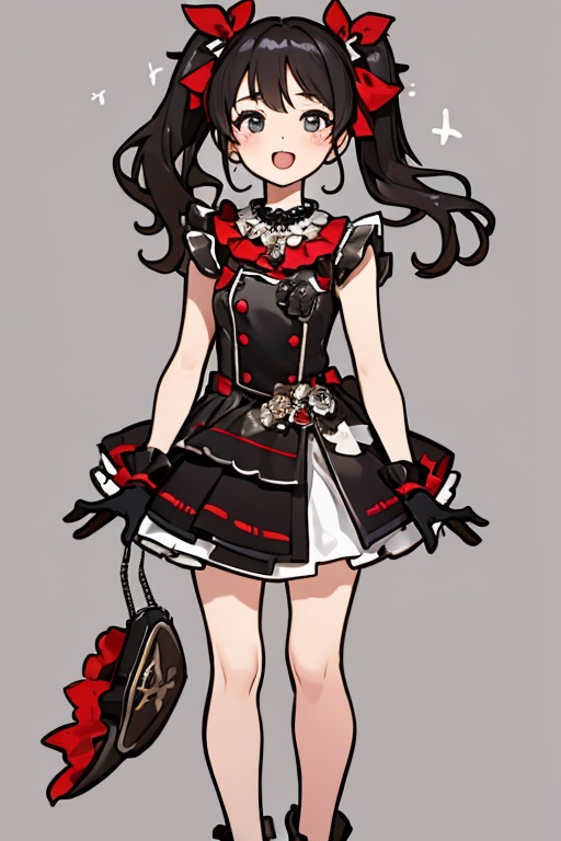 The girl has an open mouth. ,  ,  She is a girl wearing a black and red costume and a red necklace. She is a little girl d...