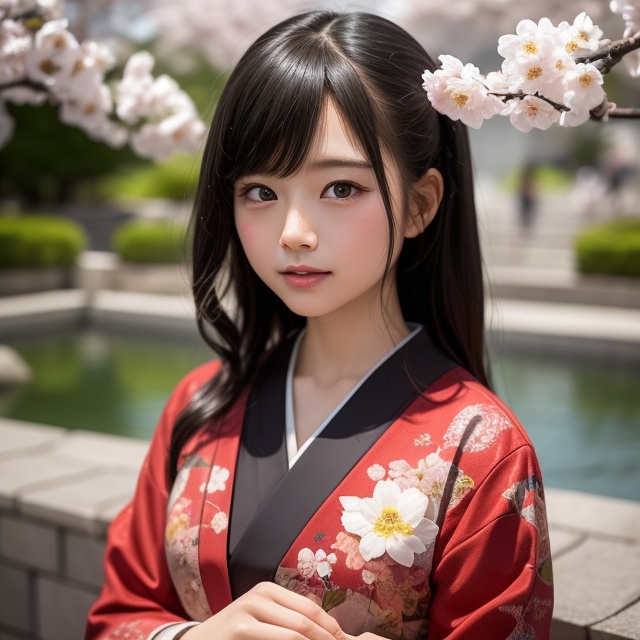 A stunning portrait of an 8-year-old Japanese girl,  radiating beauty and innocence. She has long,  flowing black hair on...