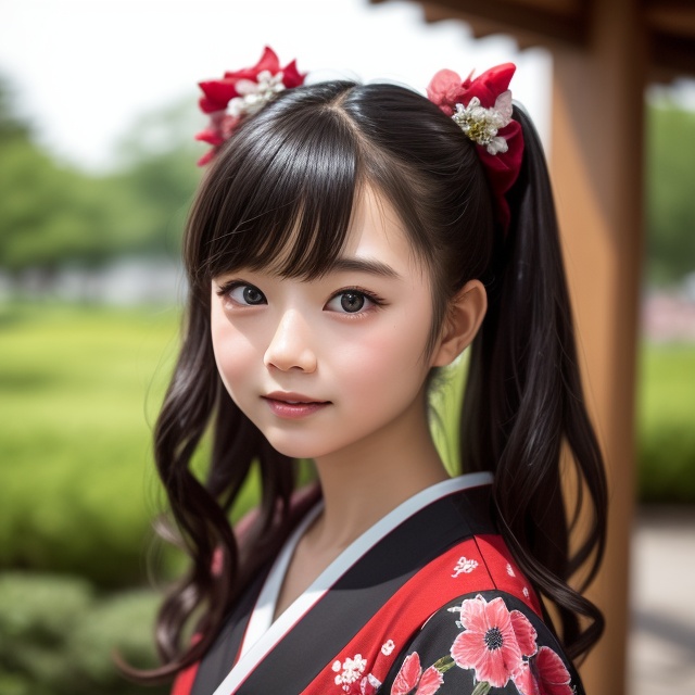 A stunning portrait of an 8-year-old Japanese girl,  radiating beauty and innocence. She has long,  flowing black hair on...