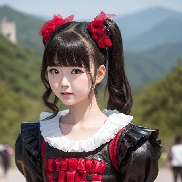 Generate a photo of YUIMETAL (Yui Mizuno) from BABY METAL speaking on a bright sunny day. Emphasize her distinctive appear...