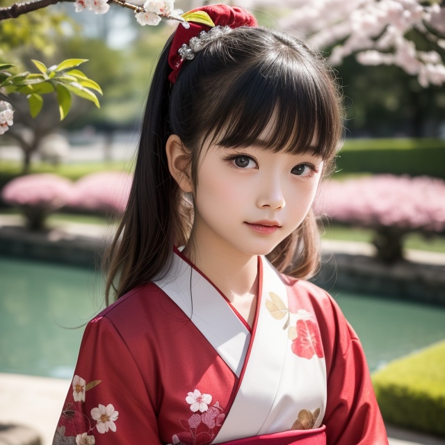A stunning portrait of an 8-year-old Japanese girl,  radiating beauty and innocence. She has long,  flowing black hair on...