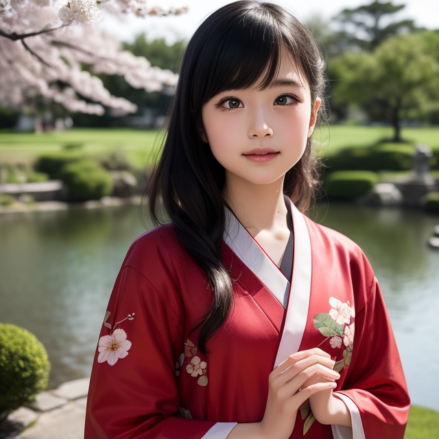 A stunning portrait of an 8-year-old Japanese girl,  radiating beauty and innocence. She has long,  flowing black hair on...