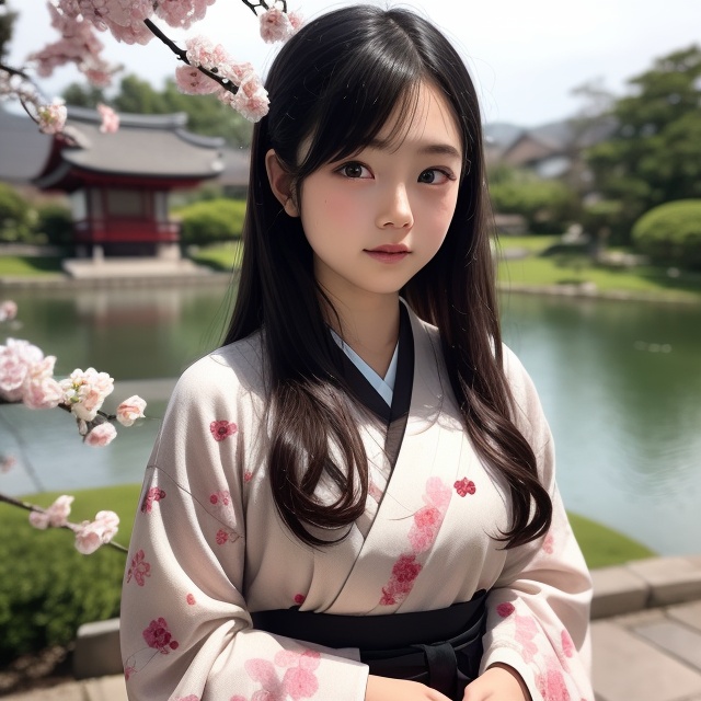 A stunning portrait of an 8-year-old Japanese girl,  radiating beauty and innocence. She has long,  flowing black hair on...