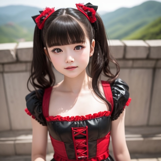 Generate a photo of YUIMETAL (Yui Mizuno) from BABY METAL speaking on a bright sunny day. Emphasize her distinctive appear...