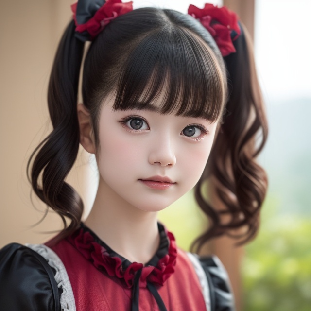 Generate a photo of YUIMETAL (Yui Mizuno) from BABY METAL speaking on a bright sunny day. Emphasize her distinctive appear...