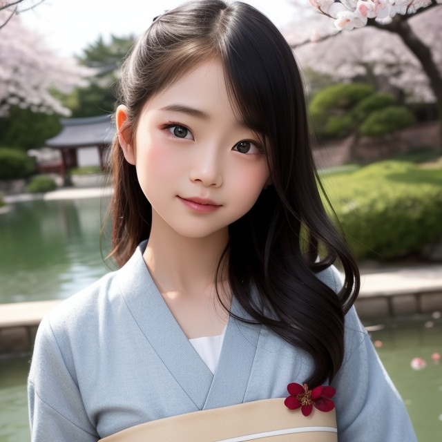A stunning portrait of an 8-year-old Japanese girl,  radiating beauty and innocence. She has long,  flowing black hair on...