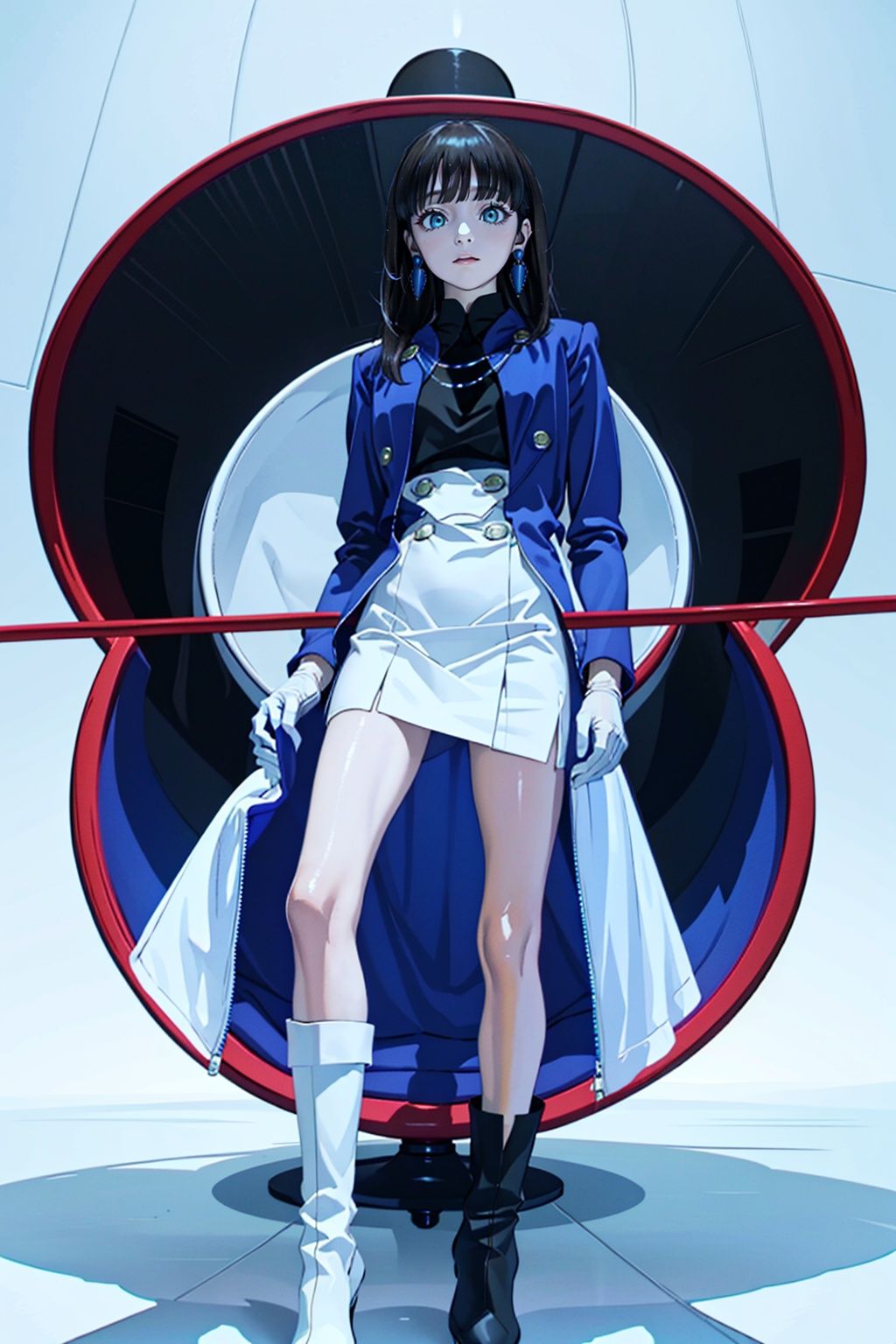  (masterpiece:1.3), (the best quality:1.2), (super fine illustrations:1.2), (Masterpiece), high quality, high detail,((white background:1.2)), looking at viewer, (SOLO:1.4),outline,,simple background,white gloves, skirt,boots, zipper, necklace, white footwear, uniform, blue coat, blue jacket, jewelry, chain-link fence,earrings, white gloves