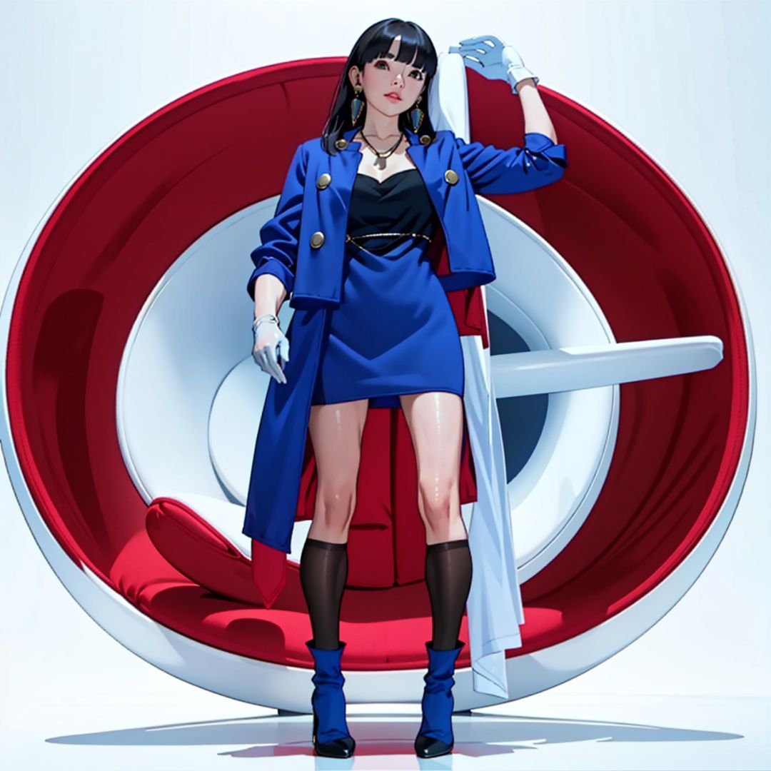(masterpiece:1.3), (the best quality:1.2), (super fine illustrations:1.2), (Masterpiece), high quality, high detail,((white background:1.2)), looking at viewer, (SOLO:1.4),outline,,simple background,collarbone,ornament, high heels, jacket, dress, blue dress, kneehighs,earrings,chain-link,jewelry,((((blue jacket,blue coat)))),uniform,white footwear,necklace,boots,skirt,white gloves