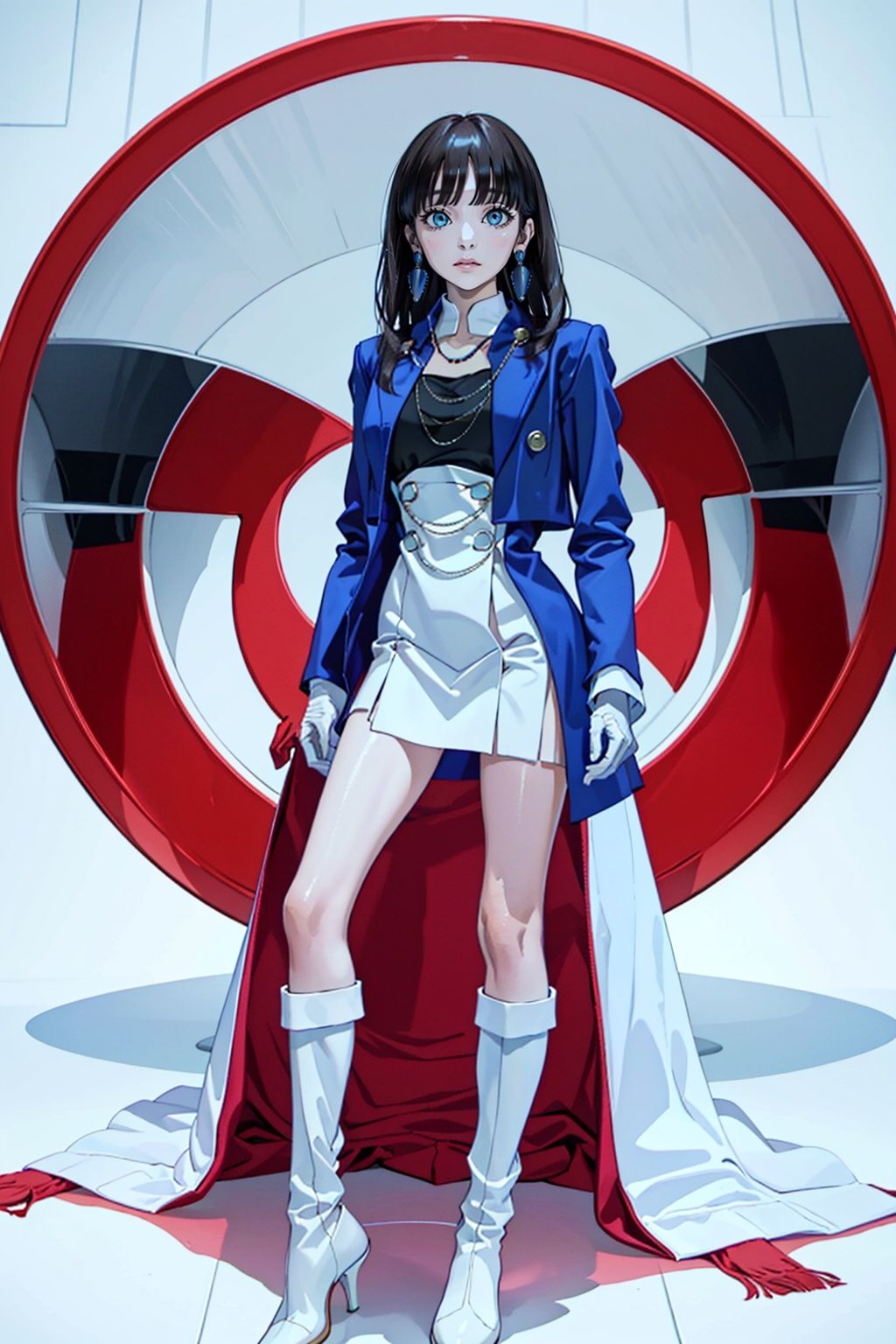  (masterpiece:1.3), (the best quality:1.2), (super fine illustrations:1.2), (Masterpiece), high quality, high detail,((white background:1.2)), looking at viewer, (SOLO:1.4),outline,,simple background,white gloves, skirt,boots, zipper, necklace, white footwear, uniform, blue coat, blue jacket, jewelry, chain-link fence,earrings, white gloves