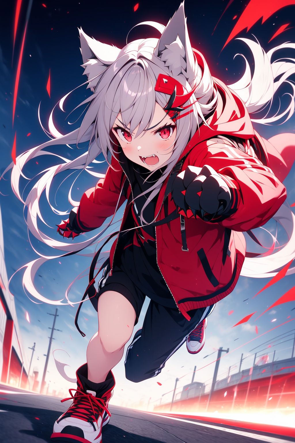 1girl,solo,animal ears,long hair,open mouth,looking at viewer,fangs,jacket,hair ornament,animal ear fluff,running,sneakers,gloves,hairclip,teeth,claws,white hair,shoes,grey hair,long sleeves,red eyes,