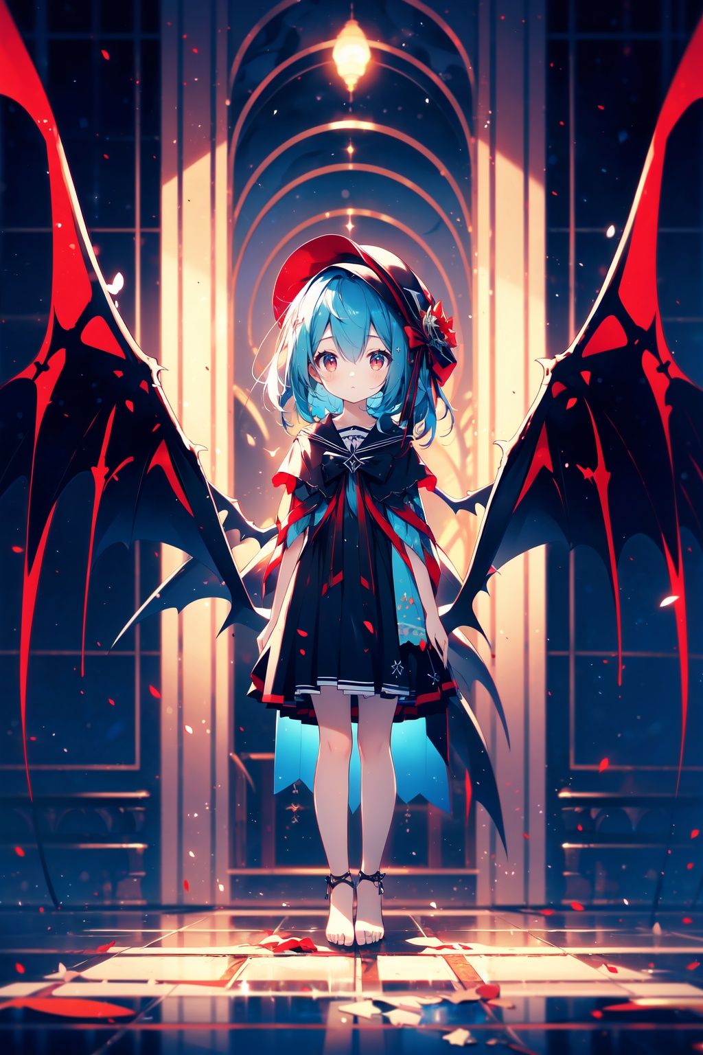 finely detail,Depth of field,(((masterpiece))),((extremely detailed CG unity 8k wallpaper)),best quality,high resolution illustration,((1 loli))),(((9 years old))),((little girl)),ribbon,Blue Hair,golden hair,disheveled hair,side-pony,bat wing,DECAYING BAT WINGS,red Dress,red_moon,wings,solo,bloomers,hat ribbon,barefoot,shower cap,red eyes,looking at viewer,