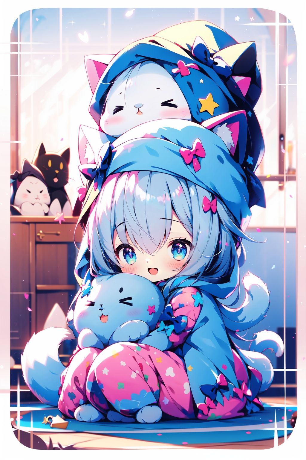multiple girls, cat ears, animal ears, blue hair, object hug, long hair, green eyes, 2girls, very long hair, blue eyes, closed eyes, tail, cat tail, nightcap, bangs, bow, pajamas, hair between eyes, blush, stuffed toy, hat, sleeves past wrists, closed mouth, stuffed animal, long sleeves, pink bow, smile, chibi, open mouth, parted lips, hair ornament, one eye closed, cat girl, barefoot, hair bow, white hair, blue bow, rabbit hair ornament, dress, star (symbol), pink shirt, blue shirt, white background, shirt, :d, v-shaped eyebrows, pink pajamas,  arm up, sleeves past fingers, blue headwear, multiple views, blue dress, pillow hug, sleepy, stuffed cat,pink headwear, pout, polka dot, holding,pink dress, cat hair ornament