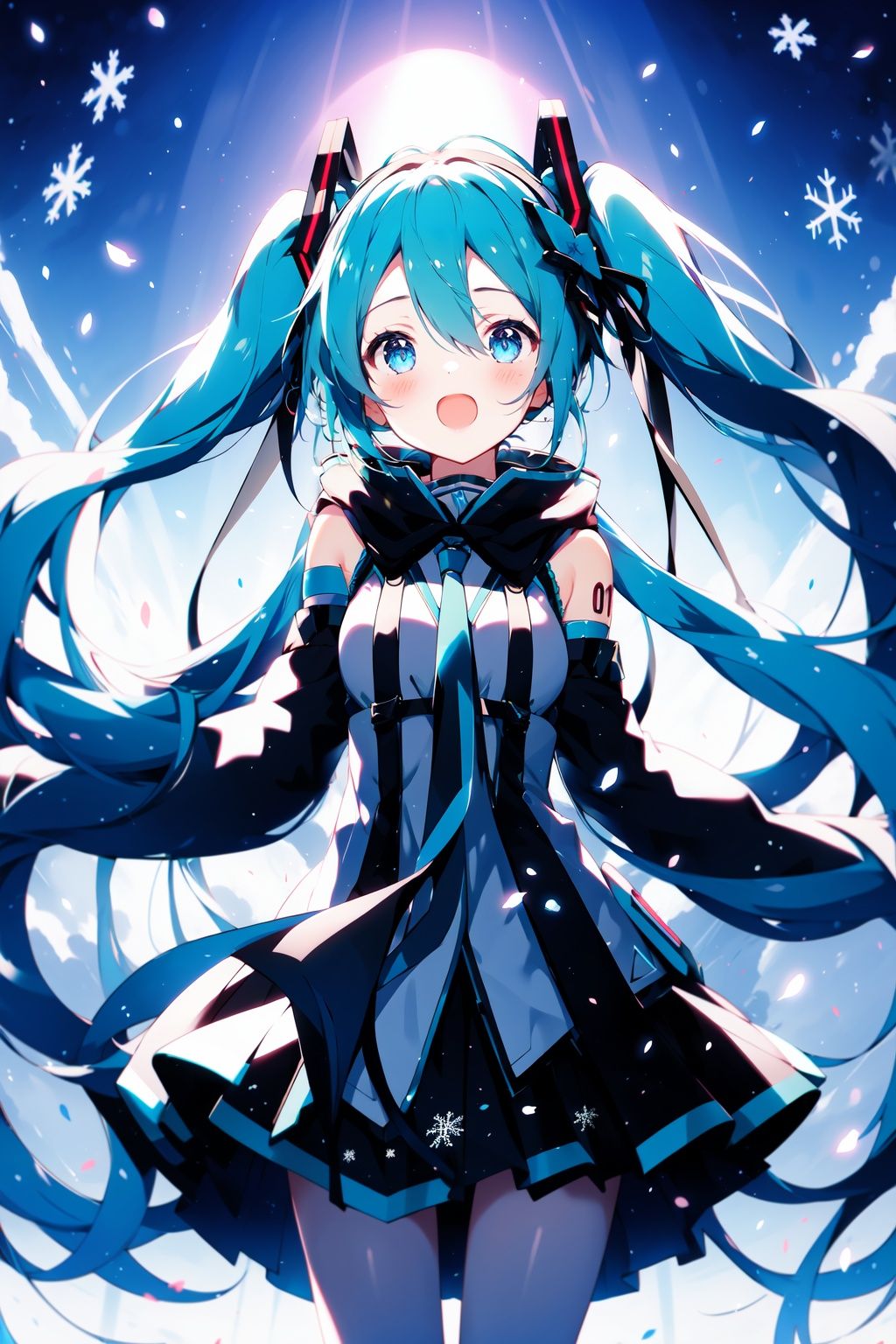 1girl, long hair, solo, hatsune miku, twintails, very long hair, detached sleeves, skirt, blue hair, yuki miku, blue eyes, snowflakes, hair ribbon, ribbon, open mouth, blush