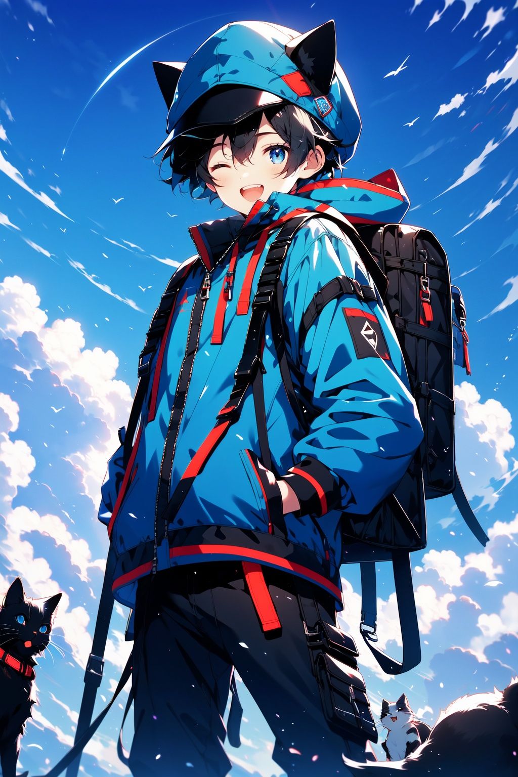 1boy,one eye closed,male focus,cat,black hair,open mouth,smile,blue eyes,sky,gloves,hat,bag,cloud,backpack,animal,pants,looking at viewer,outdoors,blue sky,day,short hair,jacket,black pants,long sleeves,hood,standing,solo,black gloves,