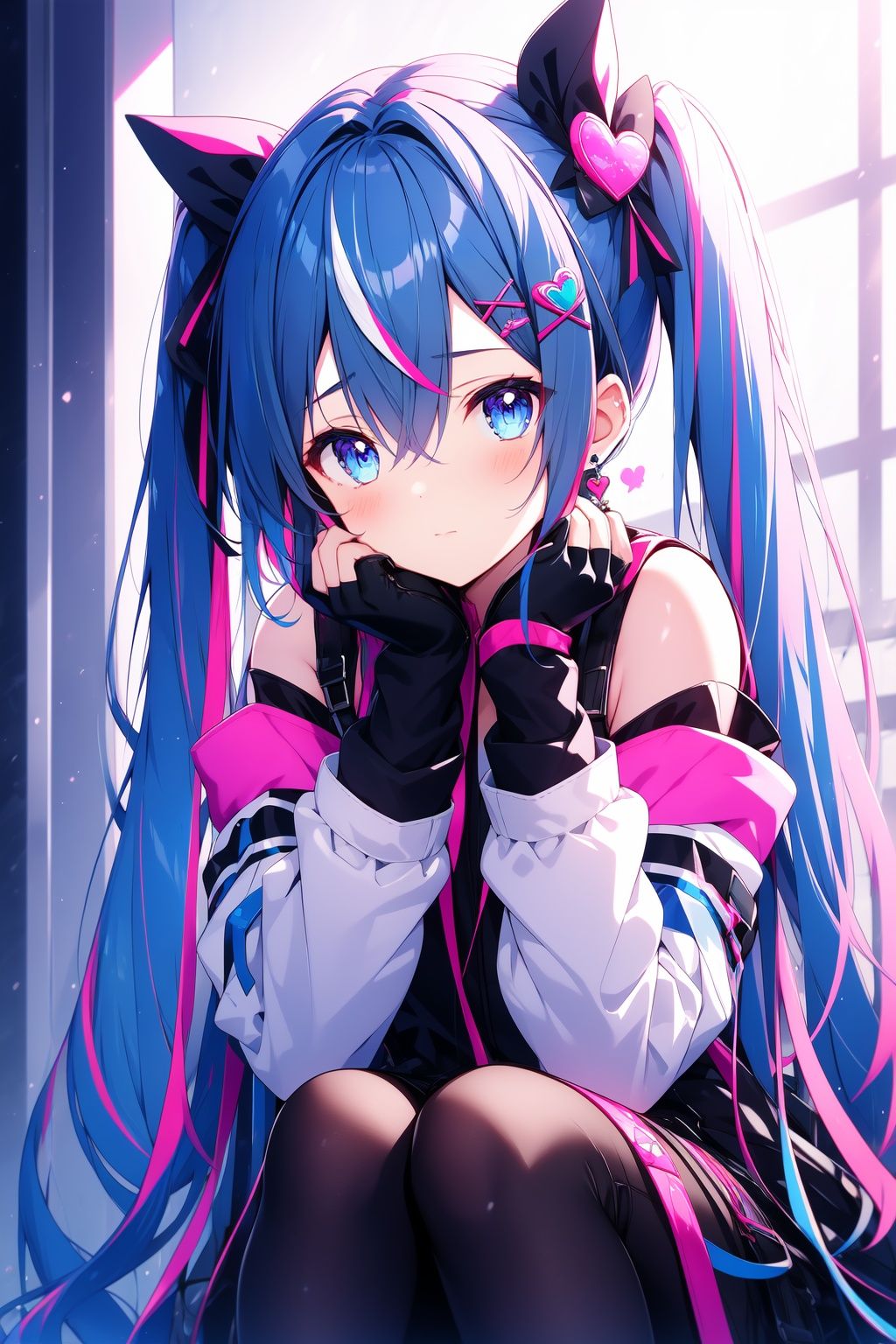 1girl, pink hair, twintails, solo, heart, blue eyes, multicolored hair, blush, hair ornament, looking at viewer, gloves, long hair, blue hair, fingerless gloves, streaked hair, closed mouth, sitting, black gloves, virtual youtuber, spoken heart, head rest, white pantyhose, long sleeves, bangs, hair bow, hair between eyes, hairclip, pantyhose, earrings, two-tone hair, bare shoulders, x hair ornament