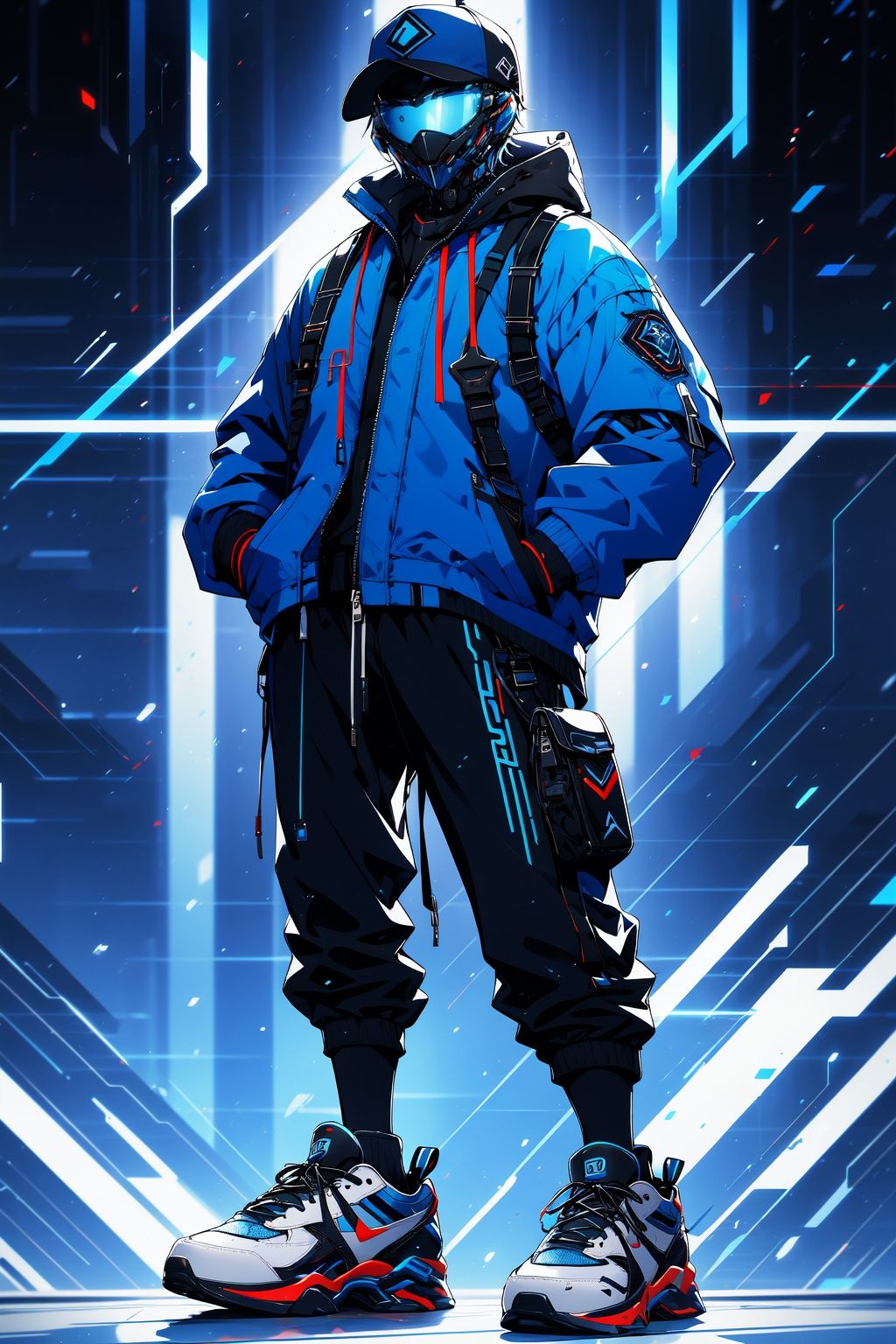no humans, solo, blue jacket, jacket, hand in pocket, hat, holding, pants, gloves, baseball cap, humanoid robot, mask, blue headwear, male focus, standing, mouth mask, black headwear, sneakers, science fiction, black pants, shoes, robot