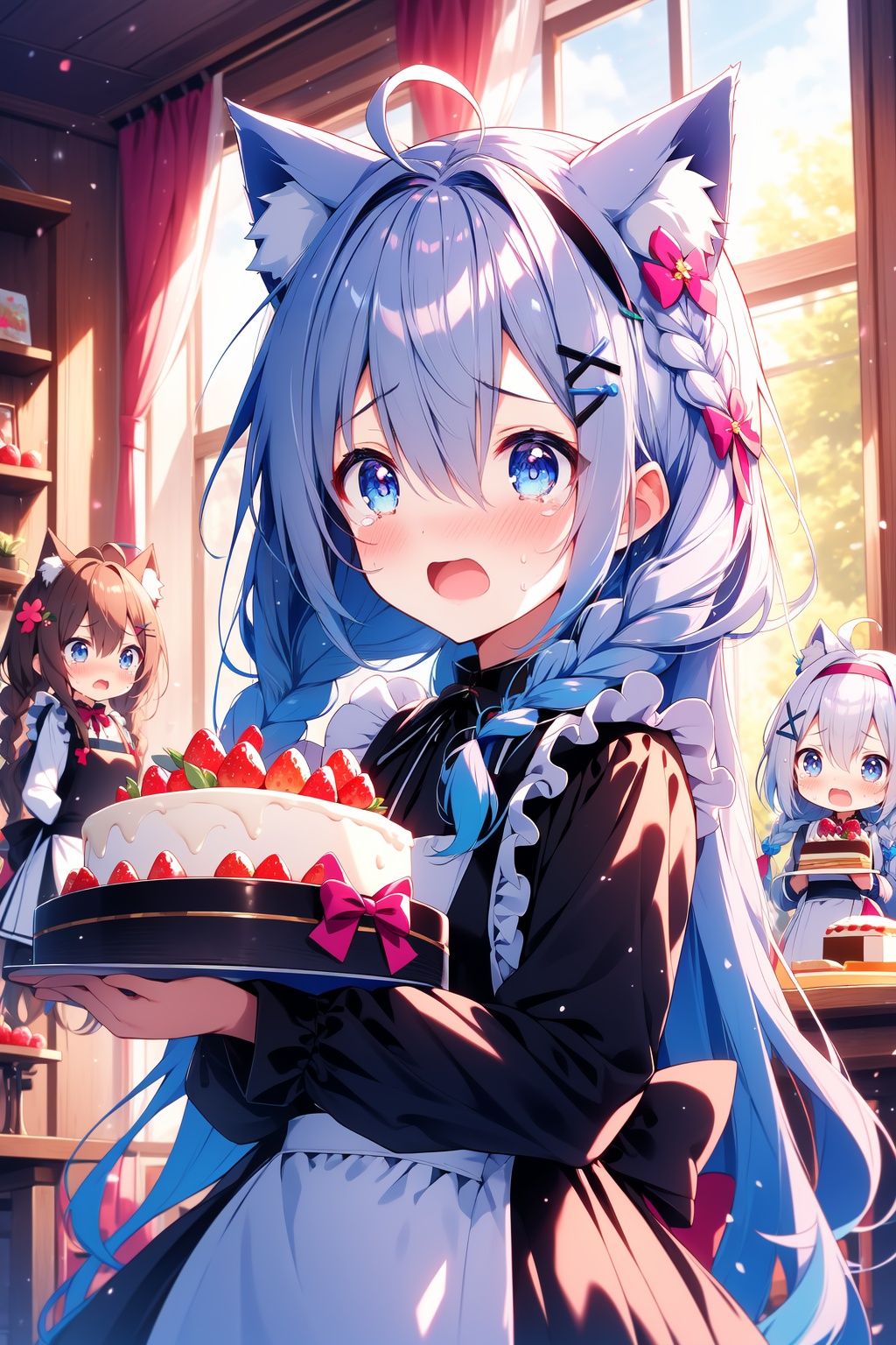 multiple girls,3girls,cake,food,animal ears,blush,open mouth,hair ornament,blue eyes,strawberry,braid,holding,heart,ahoge,window,pink hair,bangs,long hair,plate,animal ear fluff,fruit,flower,tears,bow,hairband,blue hair,hair flower,long sleeves,holding plate,hairclip,x hair ornament,grey hair,hair between eyes,nose blush,black dress,dress,maid,tray,hair intakes,holding tray,wolf ears,cake slice,brown hair,twin braids,sweat,apron,chibi,indoors,