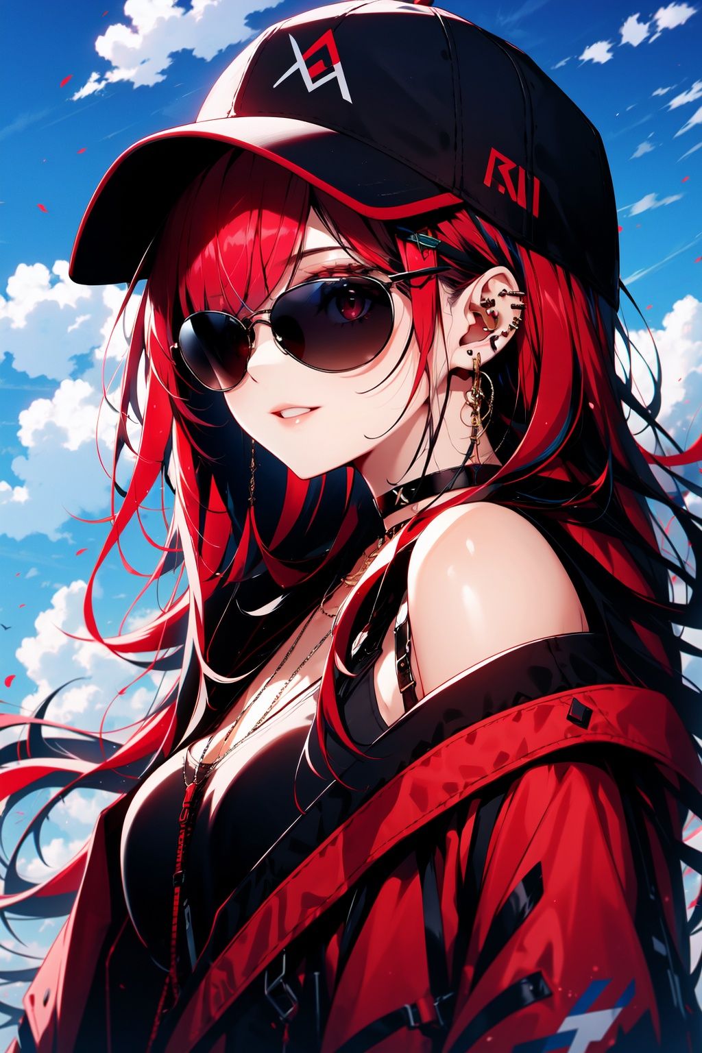 1girl,solo,baseball cap,looking at viewer,smile,sunglasses,jewelry,red hair,multicolored hair,red eyes,choker,earrings,piercing,upper body,parted lips,jacket,off shoulder,ear piercing,black choker,necklace,bare shoulders,long hair,shirt,bangs,sky,streaked hair,hair over one eye,cloud,