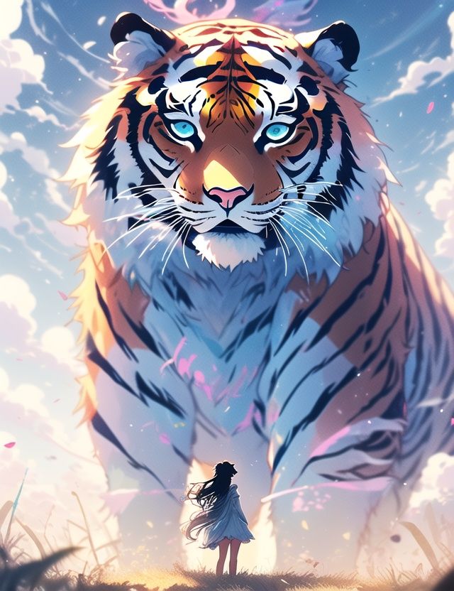 sxshs, a huge tiger, 1girl, long hair, sky, outdoors, cloud, solo, glowing, standing, looking at viewer, dress, grass, white tiger, blue eyes, wind, from behind, facing away, petals, black hair<lora:MW_scshs_v12:1>