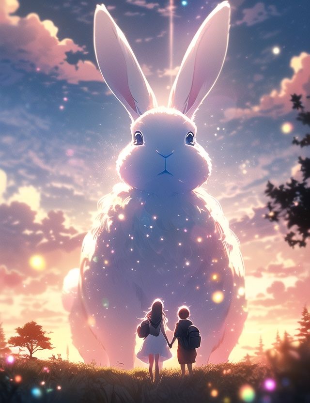 sxshs, a huge rabbit, cloud, sky, dress, 1girl and 1boy, outdoors, bag, holding hands, standing, grass, backpack, backlighting, long hair, sunset, cloudy sky, from behind, scenery, white dress, light particles, lens flare, sun, tree, blurry, tears<lora:MW_scshs_v12:0.8>