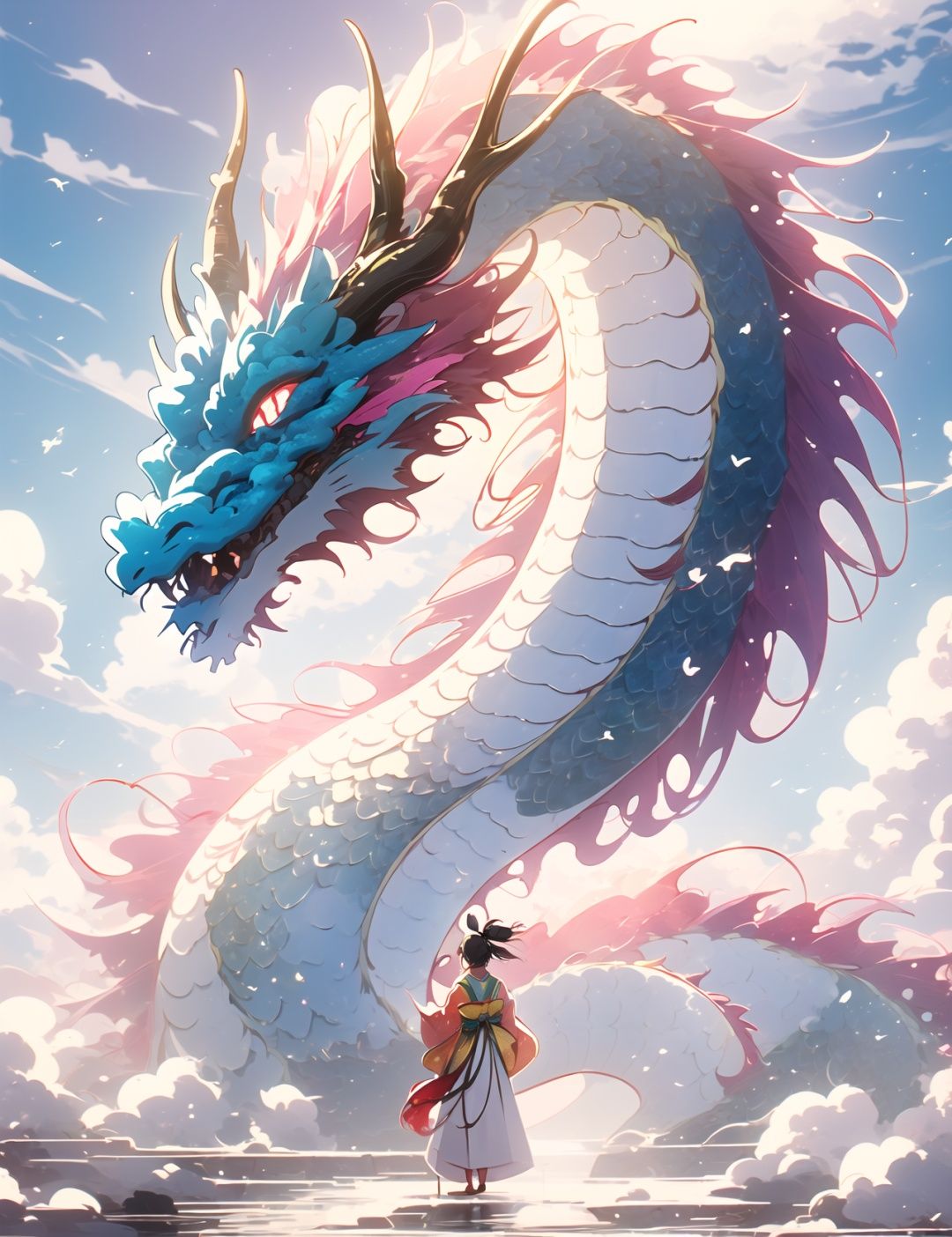 sxshs, a huge eastern dragon, japanese clothes, cloud, ponytail, black hair, sky, 1boy, standing, kimono, horns, facing away, wind, solo, hakama, day, long hair, sun, male focus, skirt, outdoors, long sleeves, fantasy, from behind, wide sleeves, red kimono, floating hair, hakama skirt, blue sky, light particles<lora:MW_scshs_v12:1>