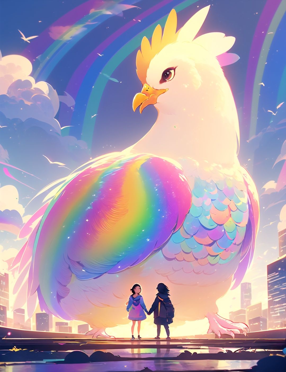 sxshs, a huge Chicken, 2girls, holding hands, hood, sky, standing, dress, bag, outdoors, 1boy, rainbow, black hair, colorful, city, hoodie, shadow, cloud, backpack, scenery, hood down<lora:MW_scshs_v12:1>