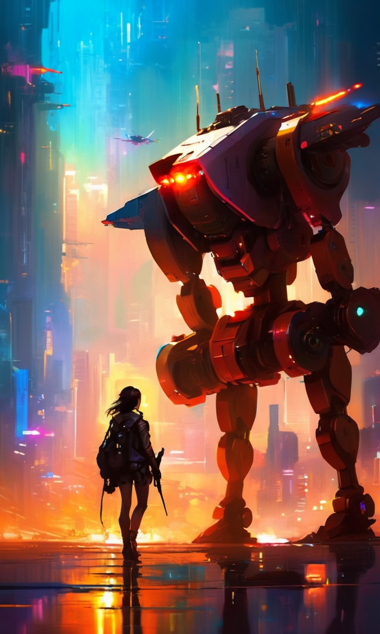 masterpiece,(best quality:1.3),<lora:ArienGirlWolf-LORA:1>,1girl,arien_wolf,cyberpunk,aircraft,mecha,robot,