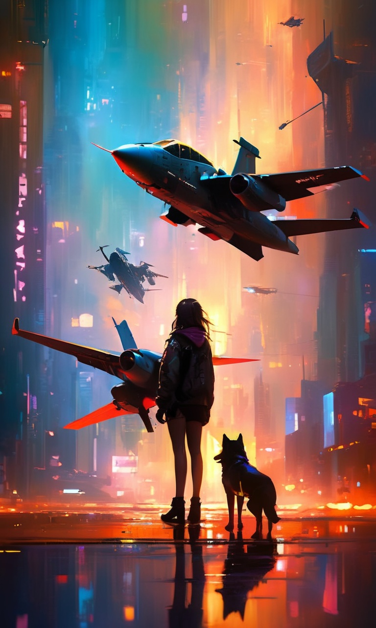 masterpiece,(best quality:1.3),<lora:ArienGirlWolf-LORA:1>,1girl,arien_wolf,cyberpunk,aircraft,