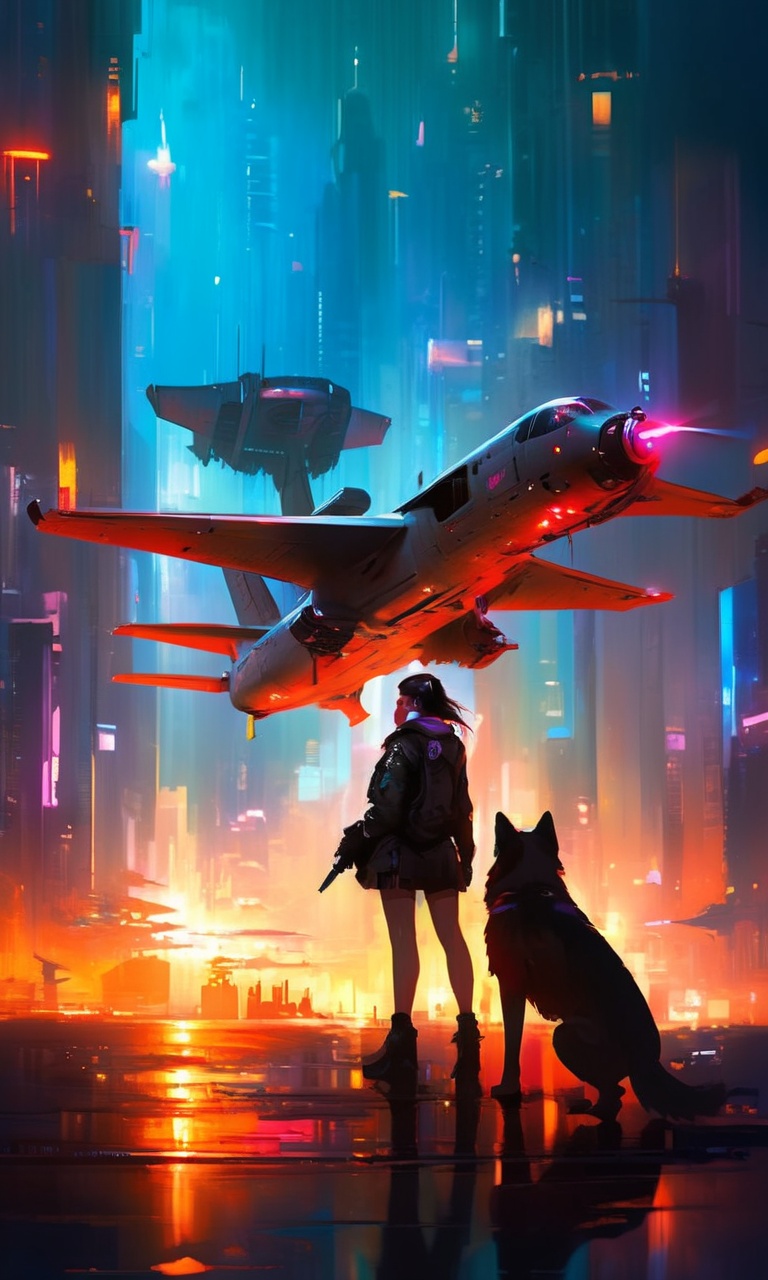 masterpiece,(best quality:1.3),<lora:ArienGirlWolf-LORA:1>,1girl,arien_wolf,cyberpunk,aircraft,