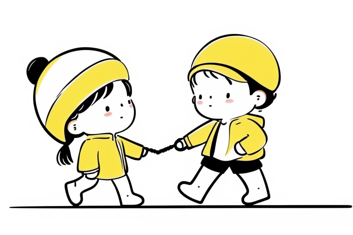 a boy and a girl walking on street,  Line Chibi yellow,  sping on Tensor.Art