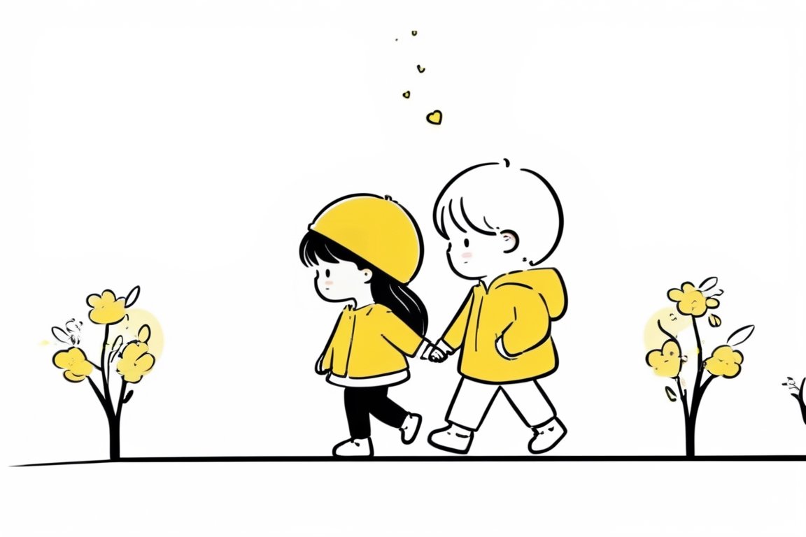 a boy and a girl walking on street,  Line Chibi yellow,  sping on Tensor.Art