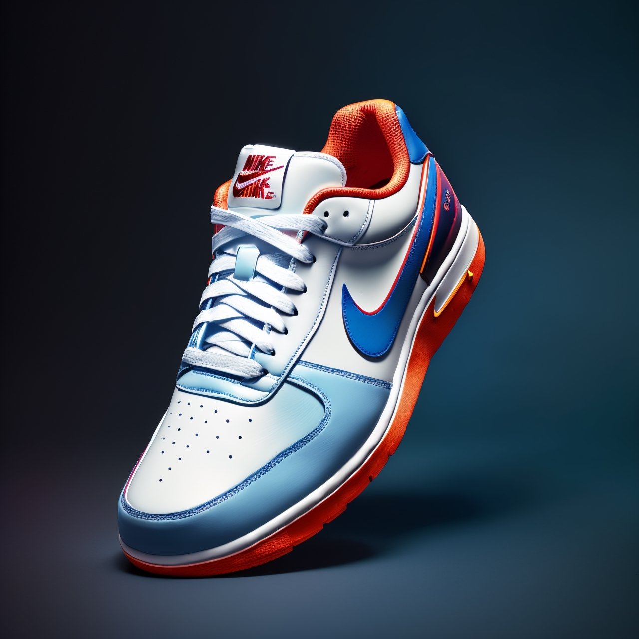 (Create a concept design through studio photography),(Showcasing sneakers with a unique and eye-catching design),(in a commercial style),(placed against a bold blue background),(Render it in a cinematic, photorealistic manner),(ensuring it's available in an impressive 8K resolution).
