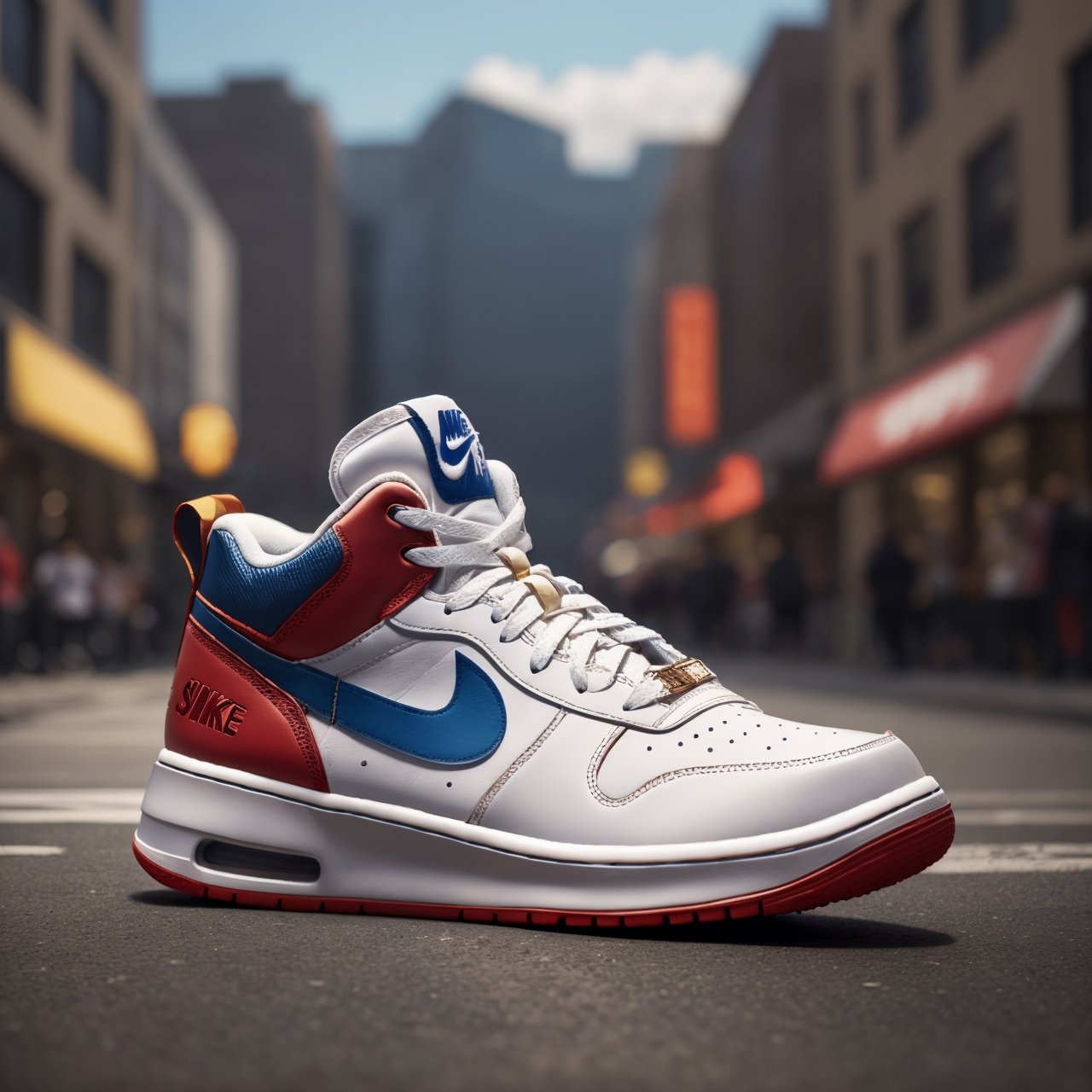 (Concept design sneakers), (in a commercial style), (crafted to be cinematic and photorealistic), showcasing every detail with precision and flair. These sneakers are a visual masterpiece, ready to captivate any audience.