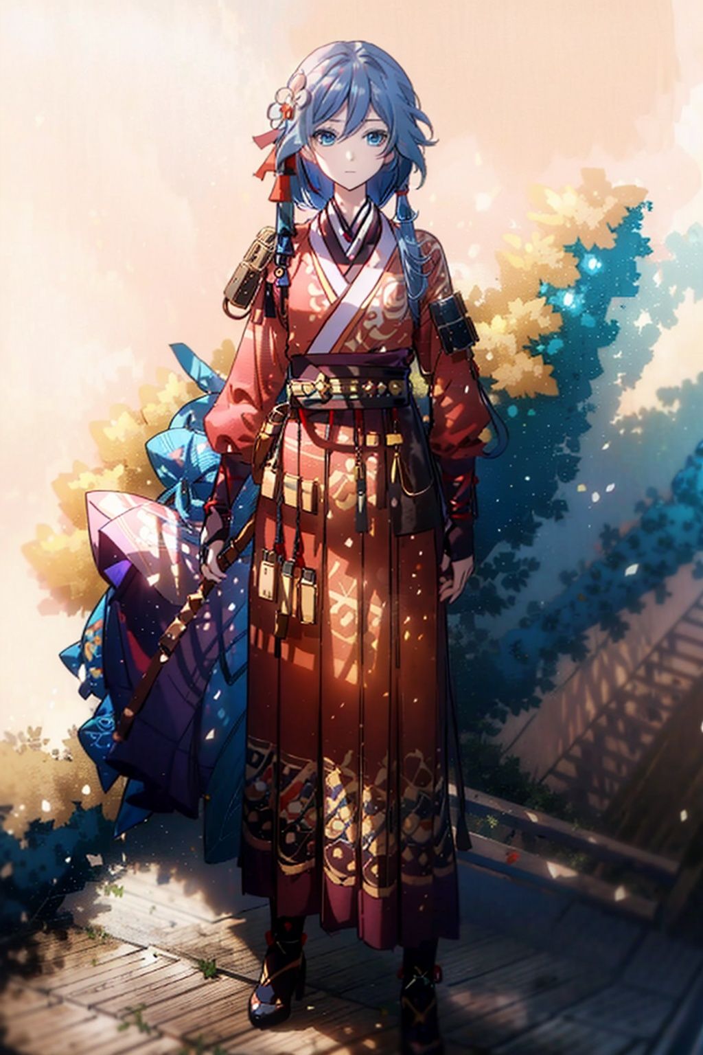 (masterpiece:1.3),(the best quality:1.2),(super fine illustrations:1.2),(Masterpiece),high quality,high detail,(white background:1.2),looking at viewer,(SOLO:1.4),outline,simplebackground,, hair ornament,blue eyes,hair ribbon,pants,belt,bracelet,wide sleeves,armor,hakama skirt,hair between eyes,fu hua,red kimono,red hair,very long hair,streaked hair,multicolored hair,hanfu,braid,pink hair,