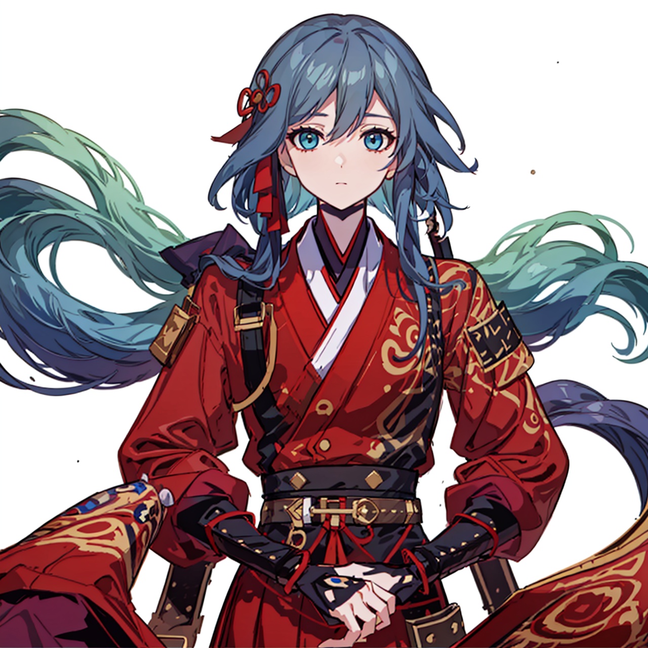  (masterpiece:1.3),(the best quality:1.2),(super fine illustrations:1.2),(Masterpiece),high quality,high detail,(white background:1.2),looking at viewer,(SOLO:1.4),outline,simplebackground,, hair ornament,blue eyes,hair ribbon,pants,belt,bracelet,wide sleeves,armor,hakama skirt,hair between eyes,fu hua,red kimono,red hair,very long hair,streaked hair,multicolored hair,hanfu,braid,pink hair,