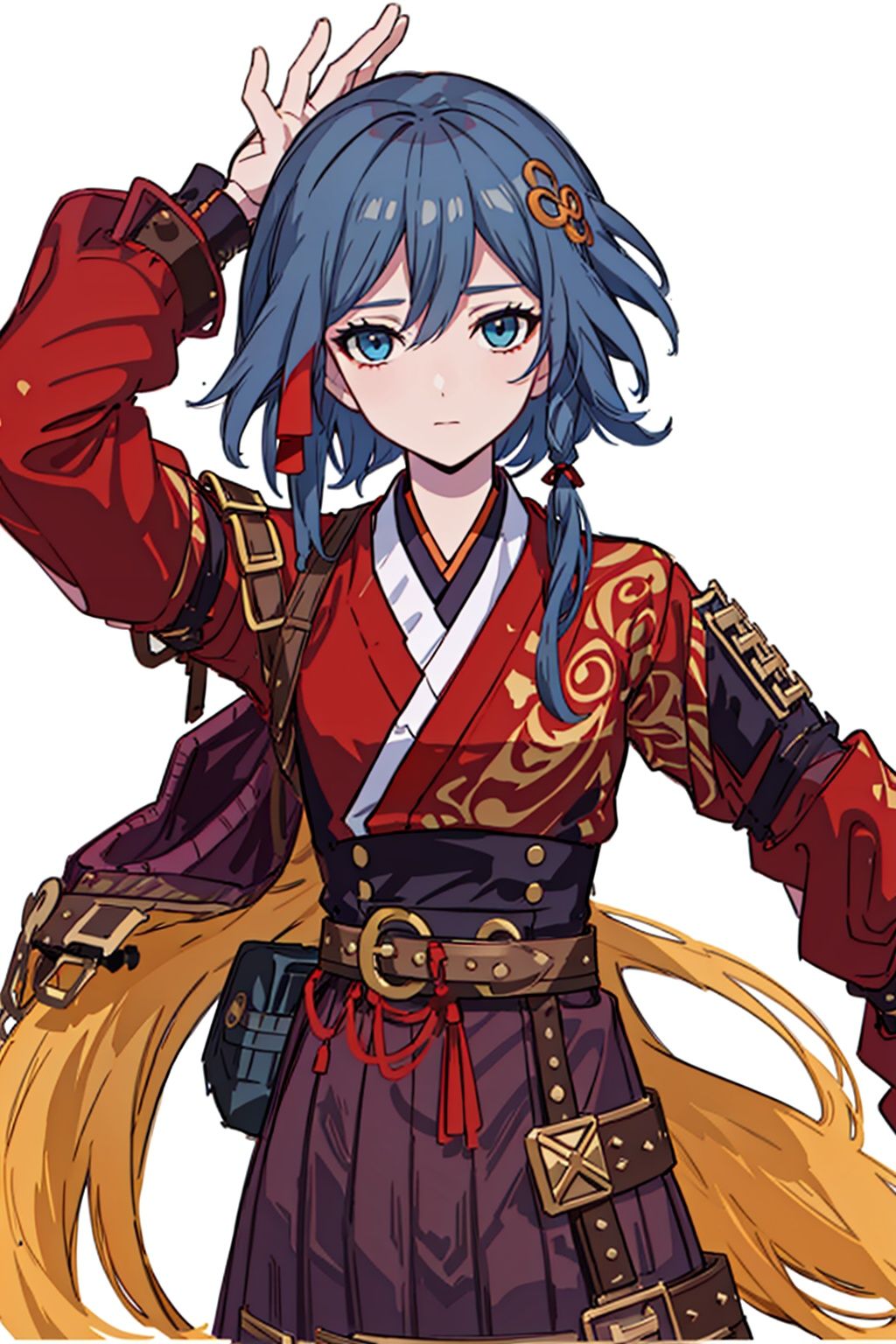 (masterpiece:1.3),(the best quality:1.2),(super fine illustrations:1.2),(Masterpiece),high quality,high detail,(white background:1.2),looking at viewer,(SOLO:1.4),outline,simplebackground,, hair ornament,blue eyes,hair ribbon,pants,belt,bracelet,wide sleeves,armor,hakama skirt,hair between eyes,fu hua,red kimono,red hair,very long hair,streaked hair,multicolored hair,hanfu,braid,pink hair,