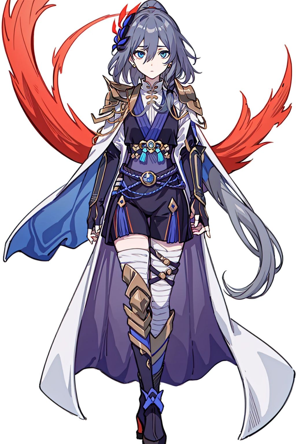  (masterpiece:1.3),(the best quality:1.2),(super fine illustrations:1.2),(Masterpiece),high quality,high detail,(white background:1.2),looking at viewer,(SOLO:1.4),outline,simplebackground,, blue eyes,fingerless gloves,long hair,multicolored hair,jewelry,earrings,japanese armor,grey hair,ponytail,fu hua,hair flower,armor,braid,boots,gradient hair,gloves,long sleeves,hair ornament,hair between eyes,