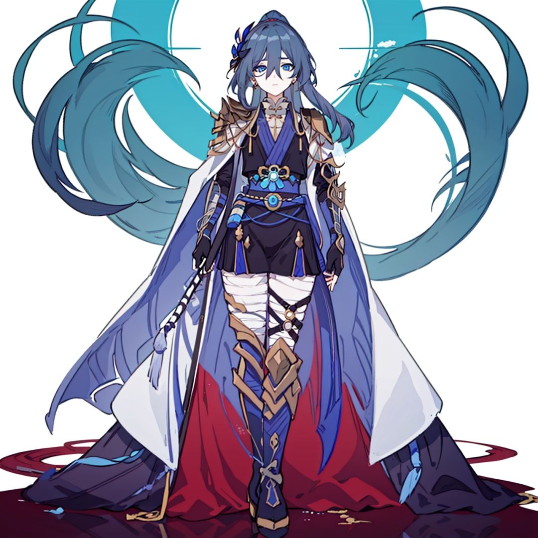 (masterpiece:1.3),(the best quality:1.2),(super fine illustrations:1.2),(Masterpiece),high quality,high detail,(white background:1.2),looking at viewer,(SOLO:1.4),outline,simplebackground,, blue eyes,fingerless gloves,long hair,multicolored hair,jewelry,earrings,japanese armor,grey hair,ponytail,fu hua,hair flower,armor,braid,boots,gradient hair,gloves,long sleeves,hair ornament,hair between eyes,