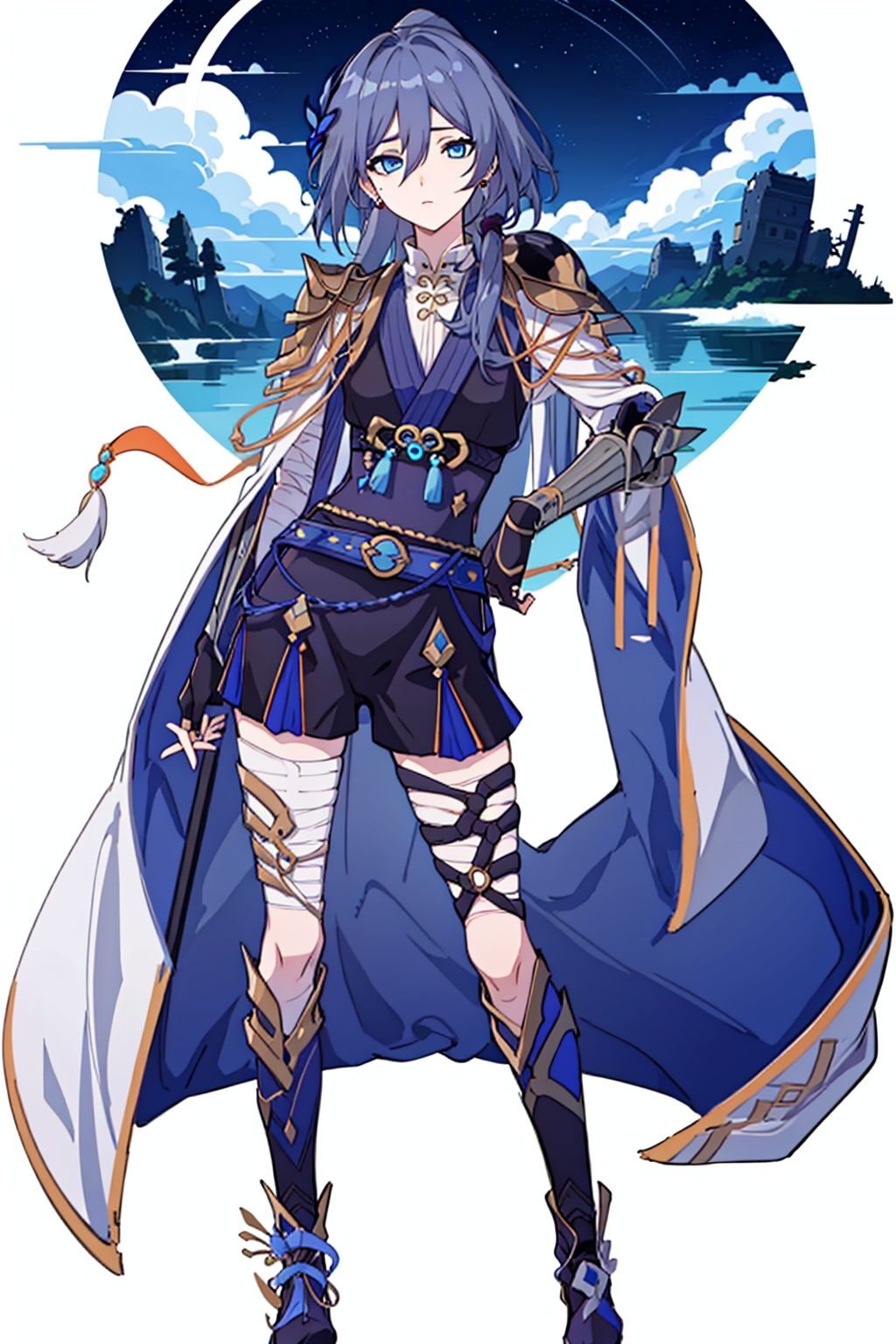  (masterpiece:1.3),(the best quality:1.2),(super fine illustrations:1.2),(Masterpiece),high quality,high detail,(white background:1.2),looking at viewer,(SOLO:1.4),outline,simplebackground,, blue eyes,fingerless gloves,long hair,multicolored hair,jewelry,earrings,japanese armor,grey hair,ponytail,fu hua,hair flower,armor,braid,boots,gradient hair,gloves,long sleeves,hair ornament,hair between eyes,