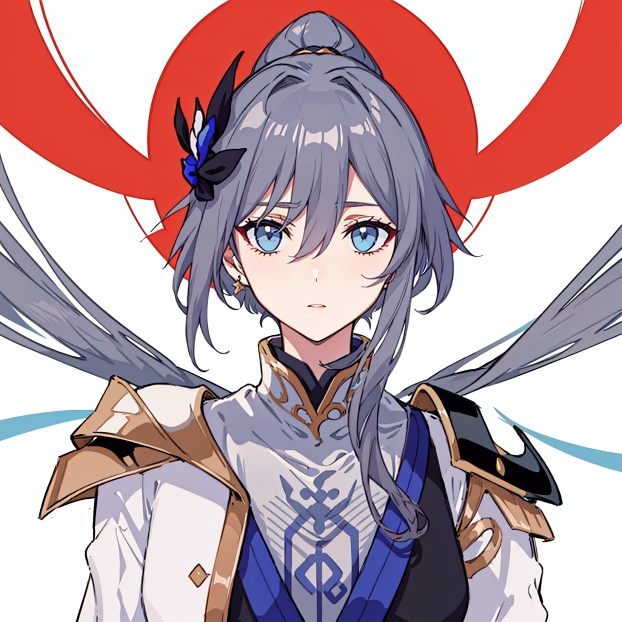  (masterpiece:1.3),(the best quality:1.2),(super fine illustrations:1.2),(Masterpiece),high quality,high detail,(white background:1.2),looking at viewer,(SOLO:1.4),outline,simplebackground,, blue eyes,fingerless gloves,long hair,multicolored hair,jewelry,earrings,japanese armor,grey hair,ponytail,fu hua,hair flower,armor,braid,boots,gradient hair,gloves,long sleeves,hair ornament,hair between eyes,